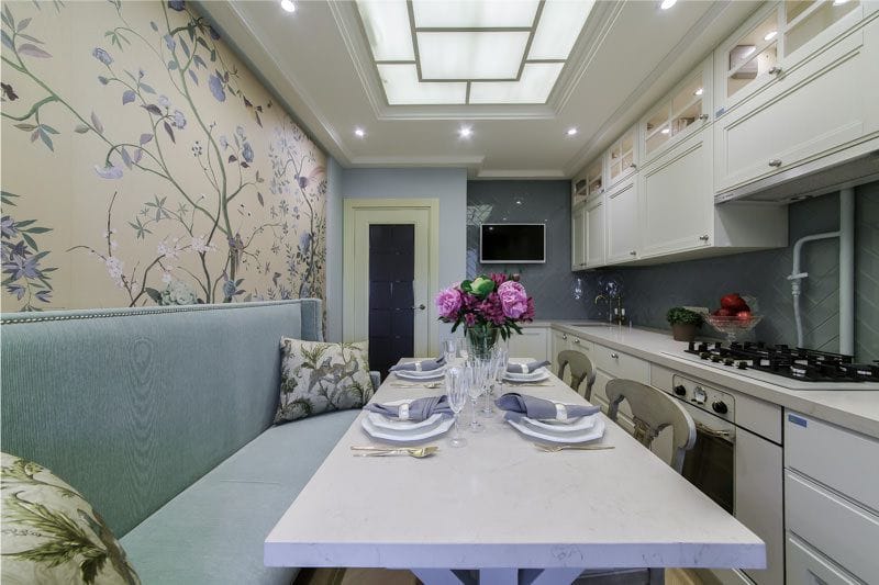 Blue and beige color in the interior of the kitchen