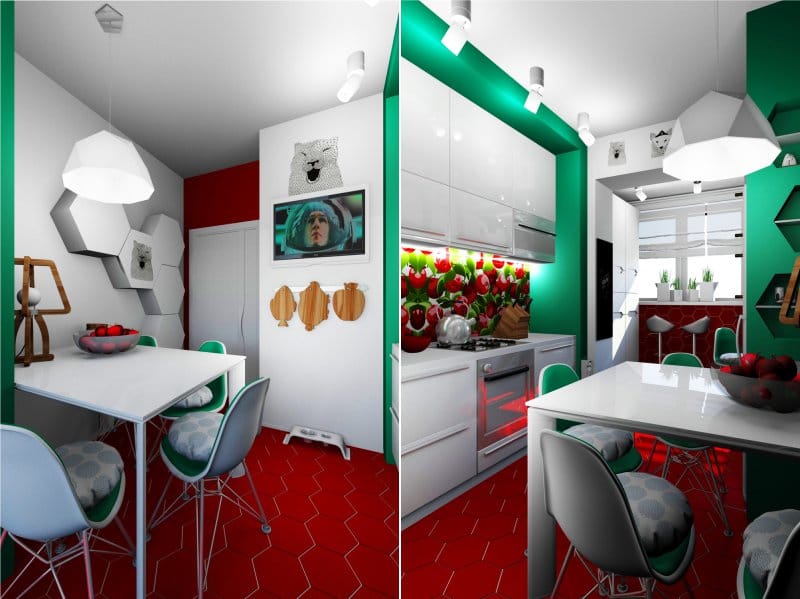 Bucătărie roșie și verde