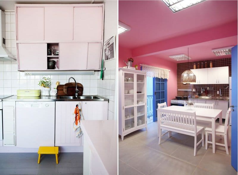 White-pink kitchen in the interior
