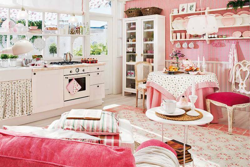 White and pink country style kitchen