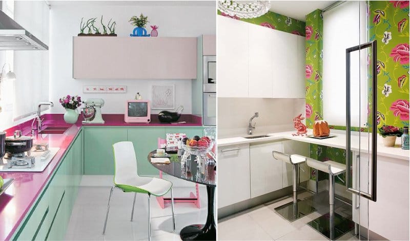 The combination of pink and green in the interior of the kitchen