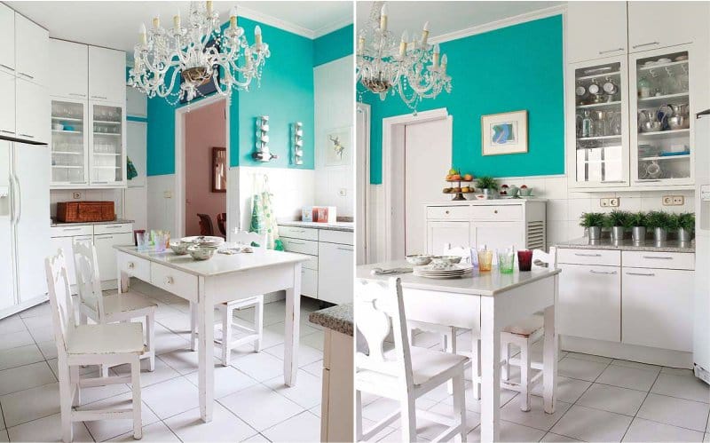 Nhà bếp màu trắng với bức tường màu xanh