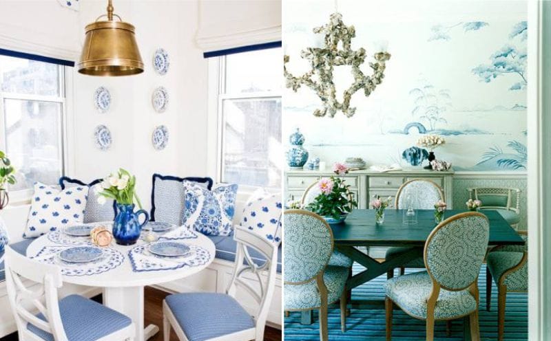 Salas de jantar brancas e azuis