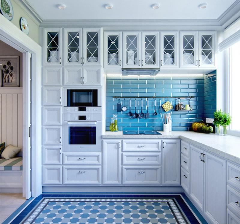 Modrá a modrá barva v interiéru kuchyně
