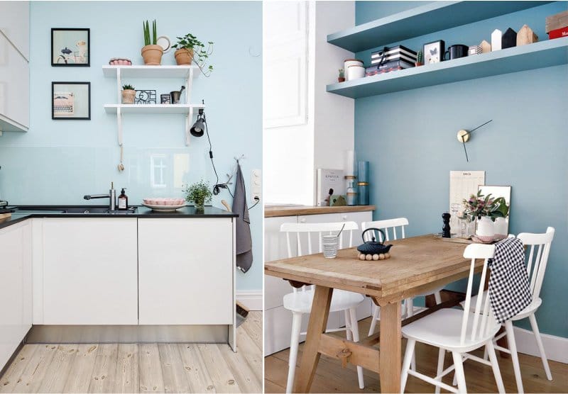 Mėlynos sienos virtuvės viduje