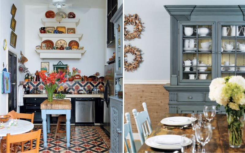 Interiorul bucătăriei albastru-brun și mese în stil mediteranean