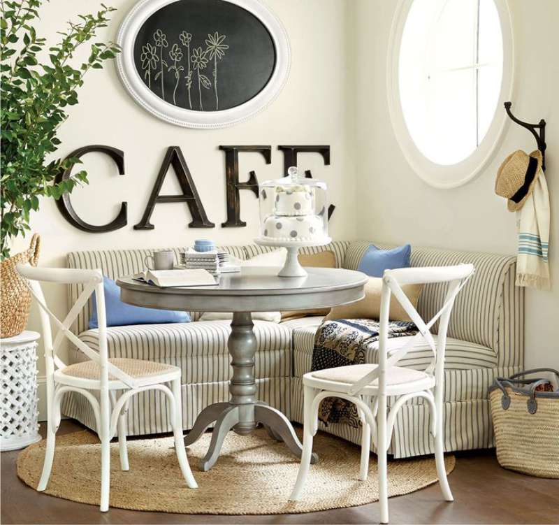 Palavras interiores para a decoração da cozinha no estilo de um café