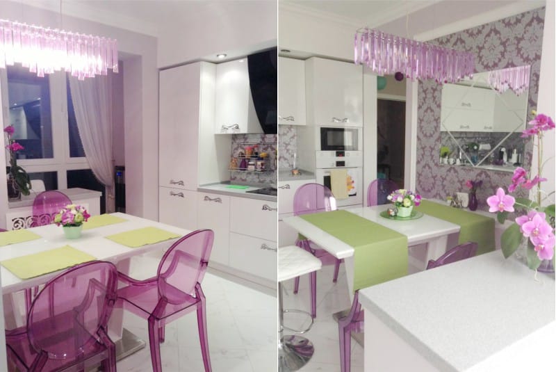 Pink wall and apron in the interior of the kitchen