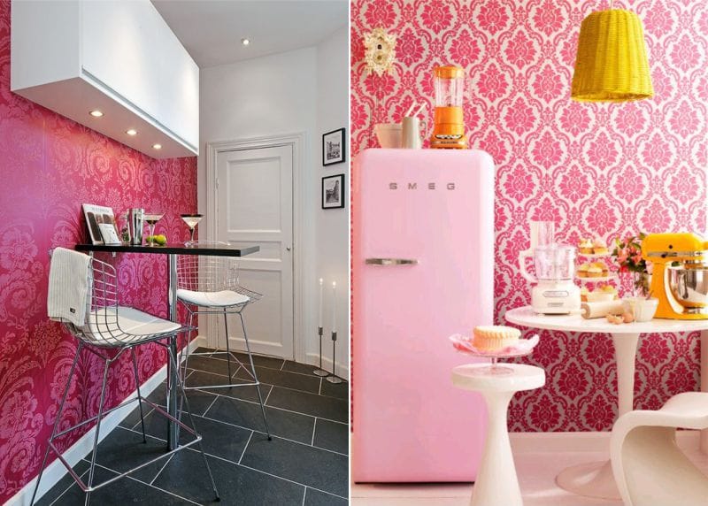 Pink wallpaper in the interior of the kitchen