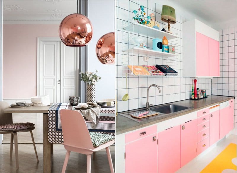 Pink color in the interior of the kitchen