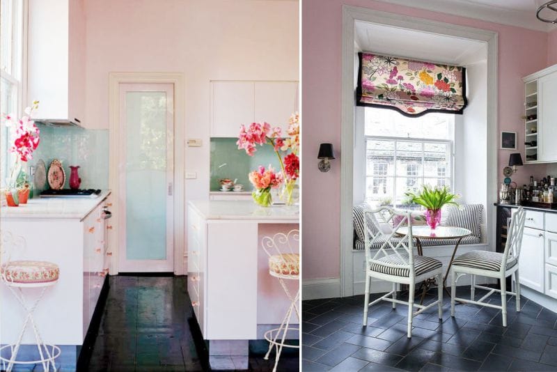Pink color in the interior of the kitchen in an array