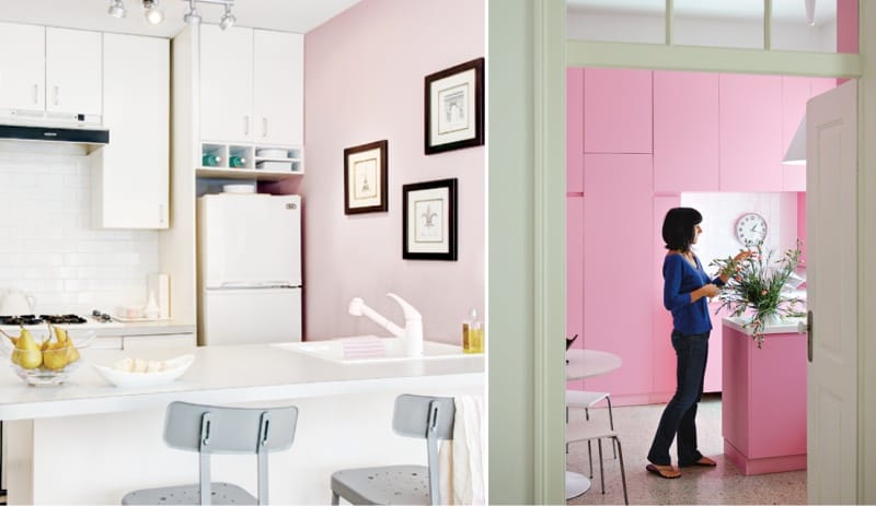 Pink color in the interior of the kitchen in an array