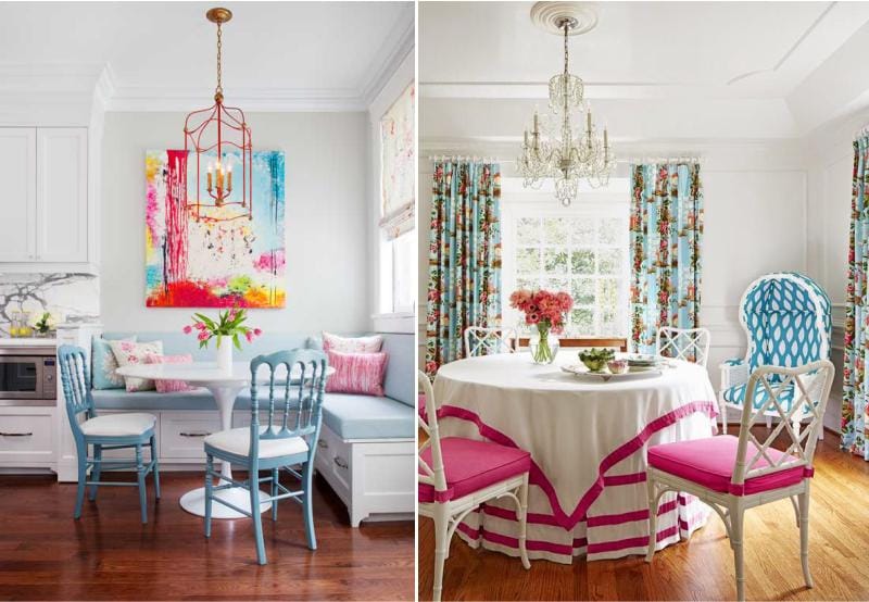 Rožinė ir mėlyna spalva virtuvės viduje