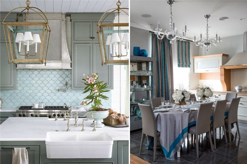 Pilka ir mėlyna spalva virtuvės viduje