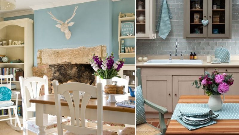 The combination of beige and blue in the interior of the kitchen and dining room