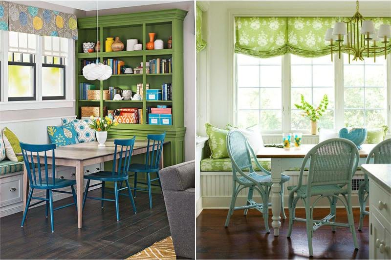 Mėlynos ir žalios spalvos derinys virtuvės viduje
