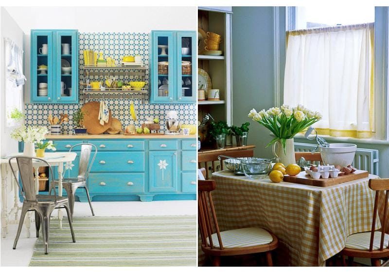 Geltona ir mėlyna virtuvės viduje