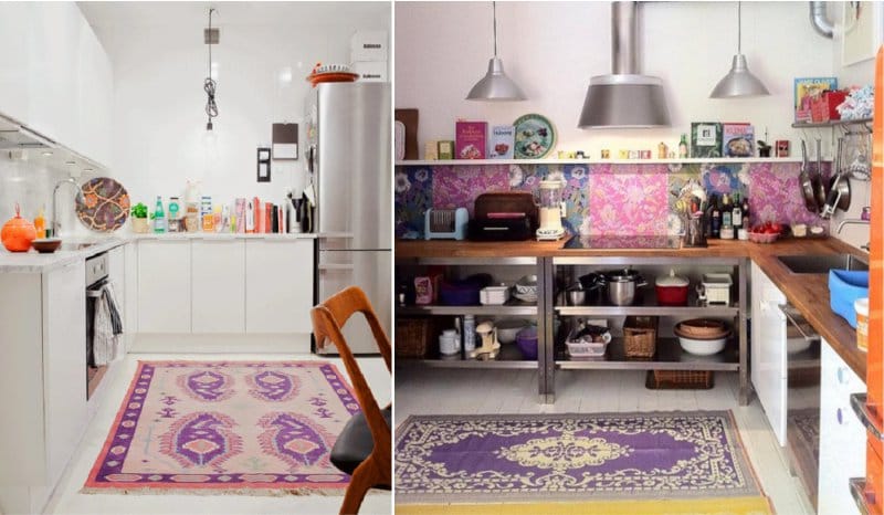 Purpura paklājs virtuves iekšpusē