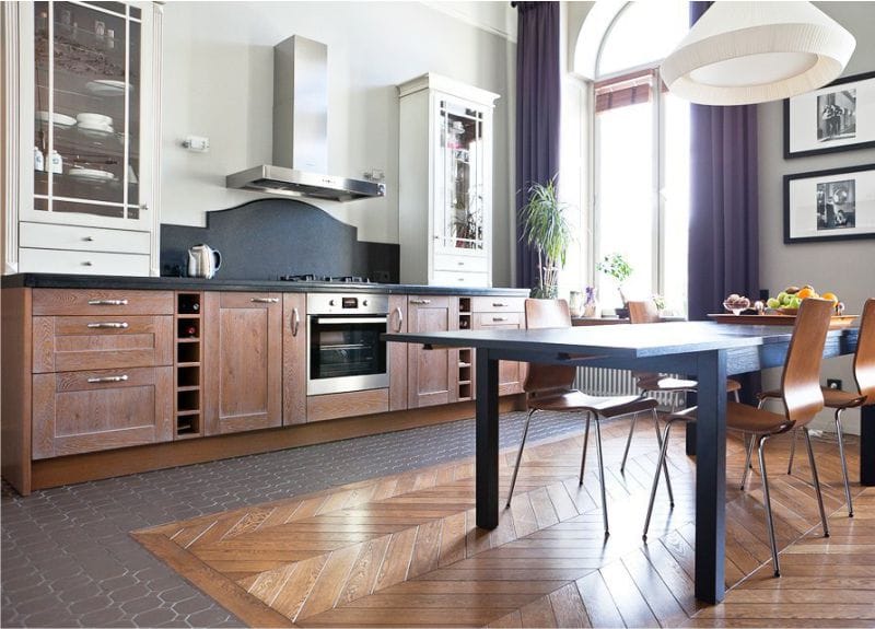 Neoclassical style kitchen with dark purple curtains