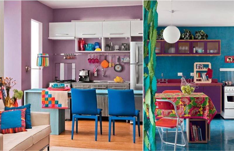 The combination of blue and purple in the interior of the kitchen