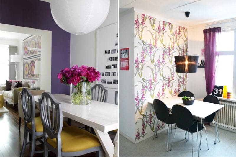 The combination of yellow and purple in the interior of the kitchen