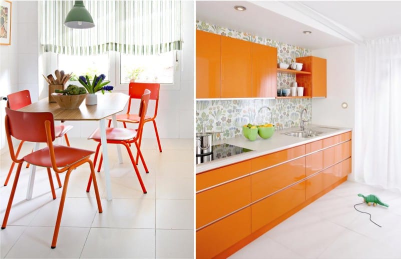 สีเขียวและสีส้มในการตกแต่งภายในของห้องครัว