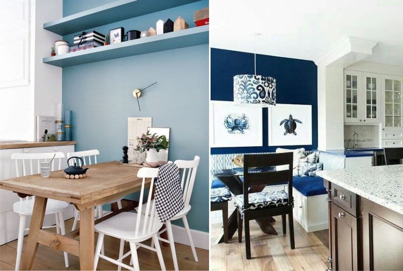 Virtuvės interjere mėlynos spalvos akcentas