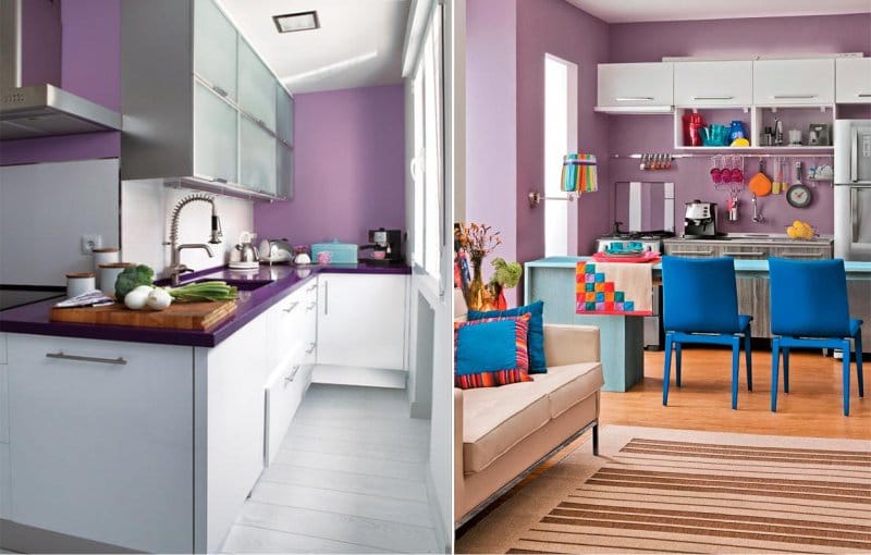 Bucătărie cu pereți de liliac în stil modern