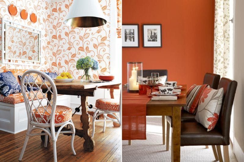 Oransje og brune nyanser i spisesalen interiør