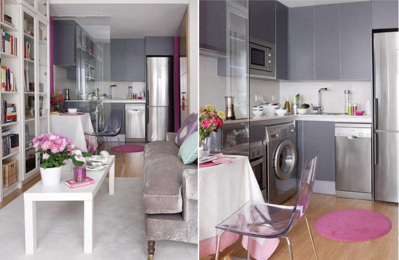 Šedo-fialová suita v interiéri kuchyne-obývacej izby