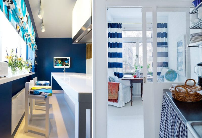 Blå gardiner i køkkenets indre