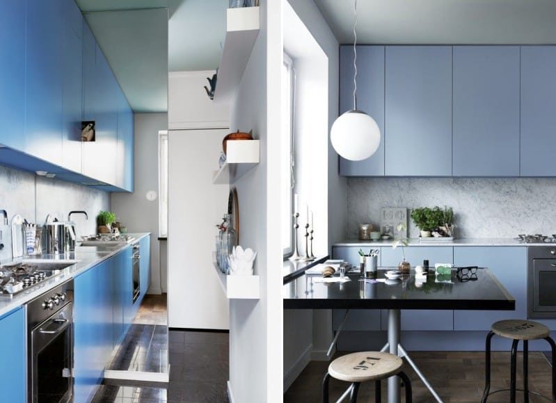 Bucătărie albastră amplasată în interior