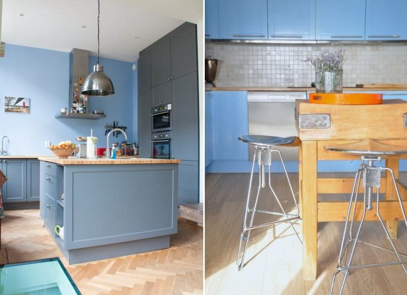 Cozinha azul no interior