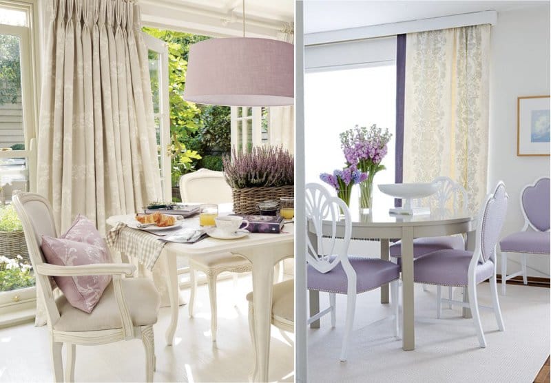 Ang kombinasyon ng lilac at cream shades sa interior ng dining room