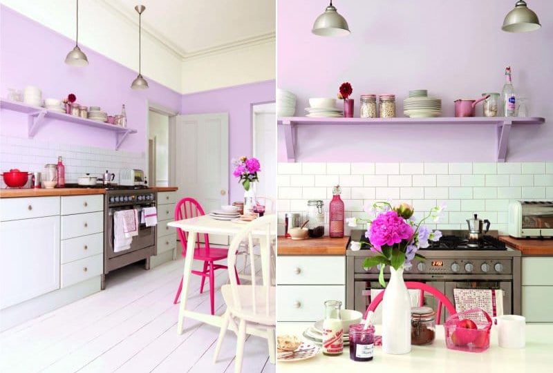 Steny sú studené lila v interiéri kuchyne