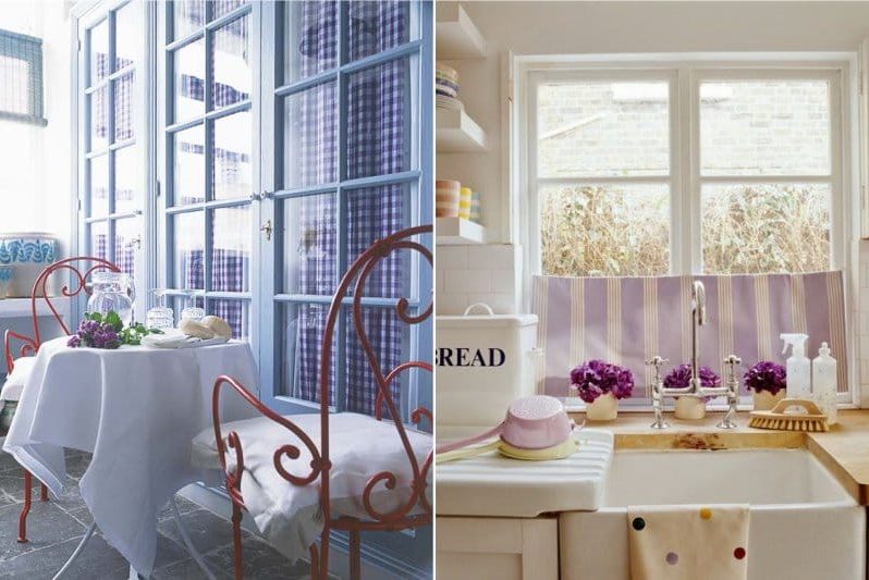 Tekstiler lilla farve i køkkenets indretning i stil med Provence