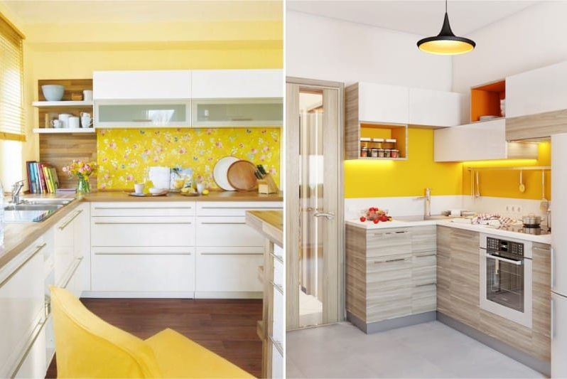 Geltoni ir rudi atspalviai virtuvės viduje