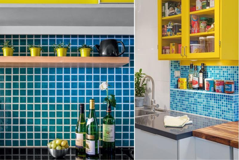 Жута и плава боја у дизајну радне површине кухиње