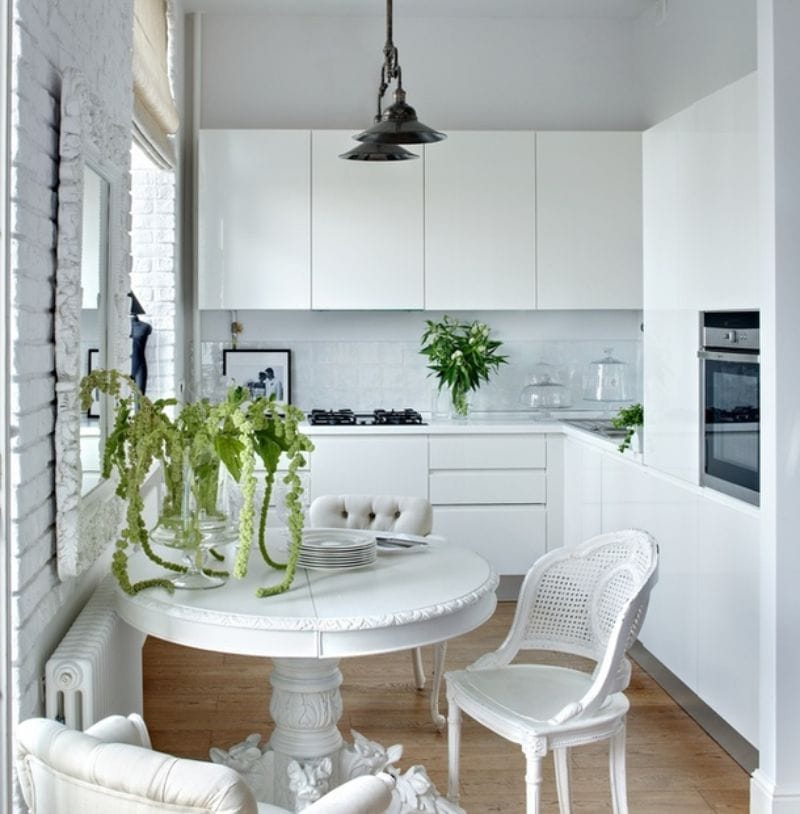 Interior of a small white kitchen