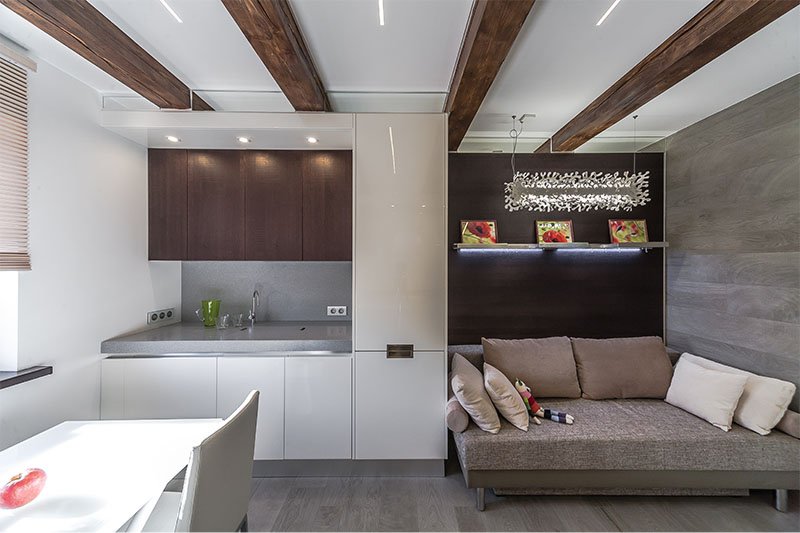 A 16 négyzetméteres konyha-nappali párhuzamos tervezése. m
