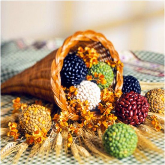 Composició de banya de palla, boles de cereals i flors seques