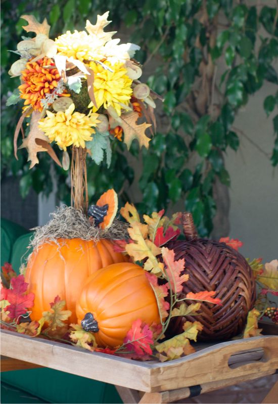 Pumpkin Topiary, Autumn Leaves and Flowers