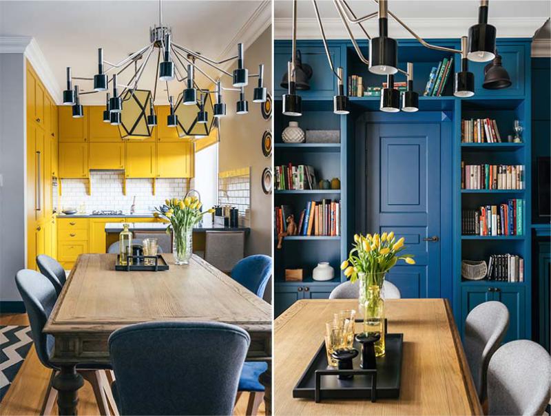 Kuchyně-obývací pokoj ve žlutých a modrých tónech