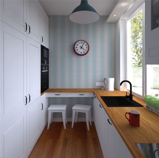Mažos virtuvės su dryžuotu tapetu dizainas