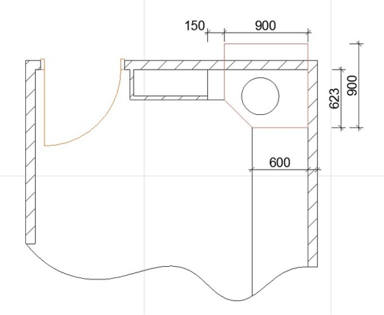 Stūra virtuves plāns ar ventilācijas kanālu