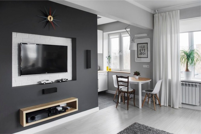 Graue Küche 5,8 Quadratmeter. m im skandinavischen Stil