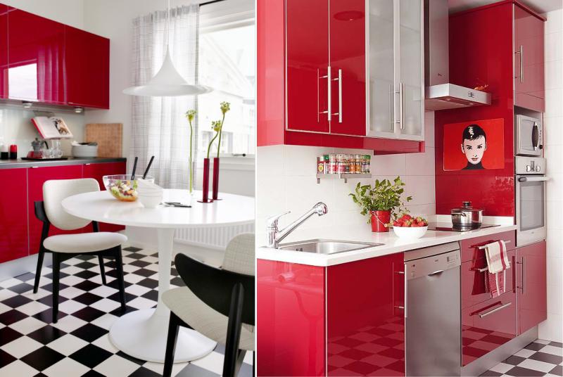 Црвена, црна и бела кухиња у ретро стилу