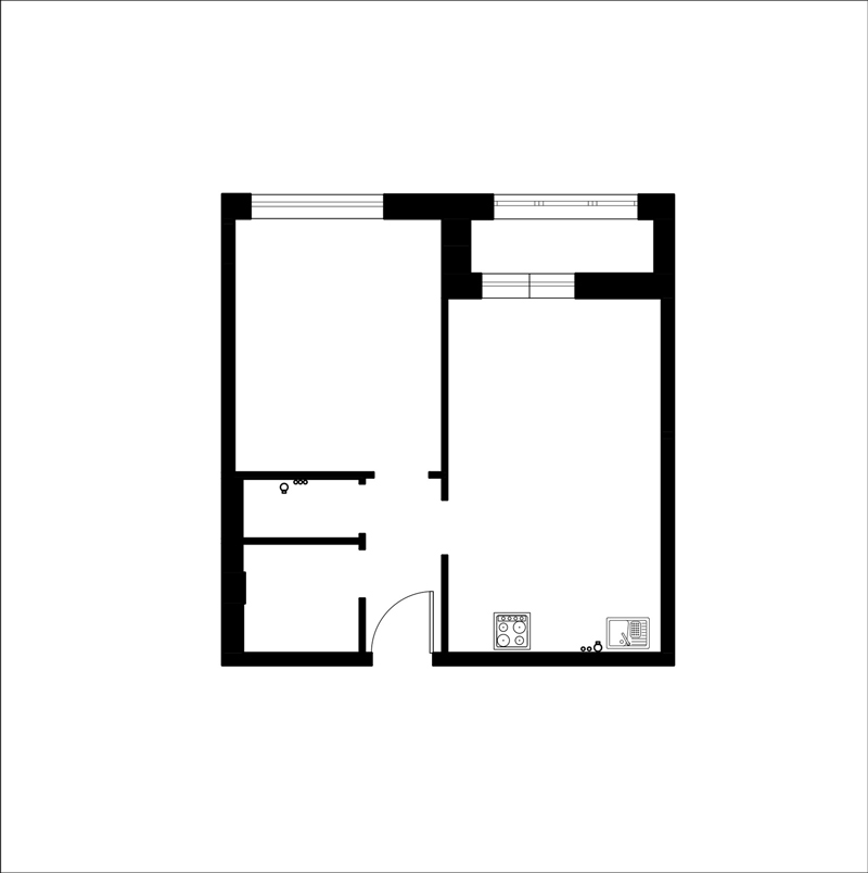 Kuchyňa plán-obývacia izba bez okna na prestavbu
