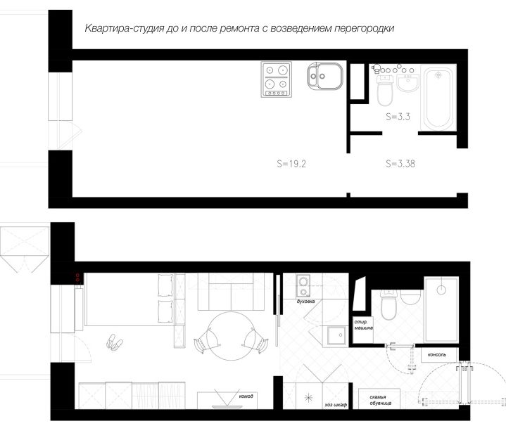 Studijas tipa dzīvokļa plānošana ar starpsienu būvniecību