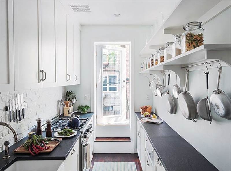 Open shelves in a two-row kitchen